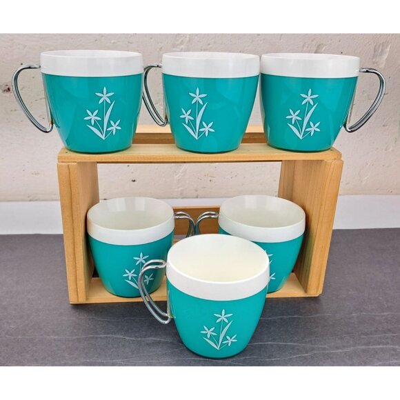 Vintage Mint Green Thermo Serv Mugs NFC White Floral Chrome Wire Handle MCM Teal - Picture 2 of 15